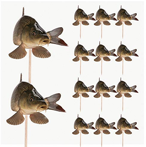 AK Giftshop Fishing - Carp Fish - Birthday - Event - Party Food - Cake Cupcakes - Picks Sticks Decorations Toppers Stand Up Food Flags (pack of 14)