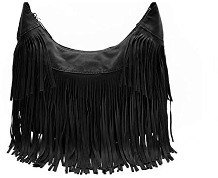 Damen-Umhängetasche, Hippie-Geldbörse, Fransen, Quaste, Kuriertasche, Hobo-Schultertasche, große Eimer-Geldbörse, Schwarz , Large
