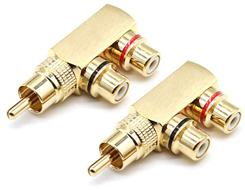 LOCHSOEL RCA Splitter Adapter,Right Angle RCA Male to 2 Female AV Splitter Adapter Gold Plated Connector(2Pack)