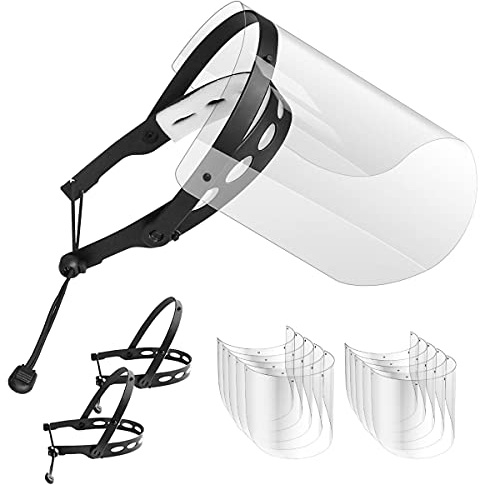 EWA Adjustable Face Shield（2pack+10visors）, All-Round Protection Cap with Clear Anti-Fog Shields, Lightweight Transparent Face Shields(2 Support Frame + 10 Replaceable Visors+ 4 Sponge Strips)-Black