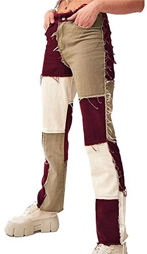 Onsoyours Damen Stretch Jeans Streetwear Knöpfe Gerade Jeanshose Mit Hohem Bund Frauen Mode Patchwork Pants Retro Weites Bein Denim Hosen Bootcut Schlagjeans Hip Hop Freizeithose