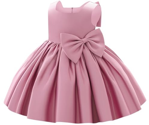 IBTOM CASTLE Robe de mariage et de concours de beauté pour fille – Robe de princesse en satin soyeux avec nœud papillon pour petite fille, anniversaire et baptême, Rose poudré - Nœud, 6-12 mois