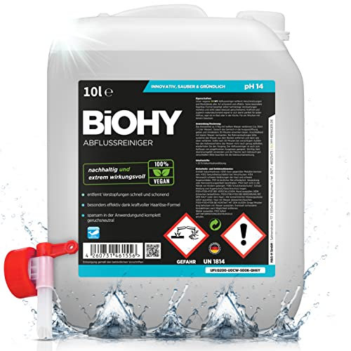 BiOHY Abflussreiniger (10 Liter Kanister) + Auslaufhahn | mit spezieller Haarweg-Formel | Bio Konzentrat für Küche & Bad | entfernt selbst hartnäckigste Verstopfungen | ohne ätzende Dämpfe & Gerüche