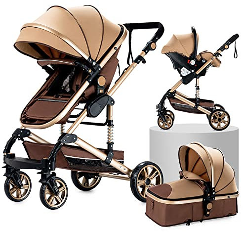 3 in 1 Kombikinderwagen Kinderwagen 3 in 1 Hochformat Kinderwagen Liegender Kinderwagen Faltbarer Kinderwagen Babywiege Neugeborenen Kinderwagen (beige)