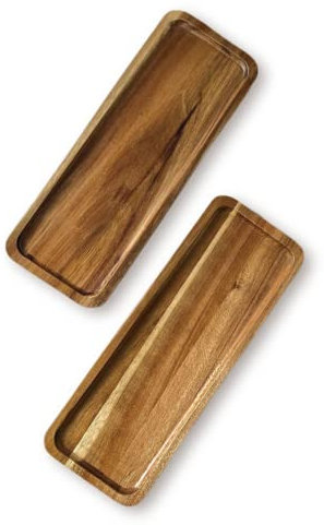 Juego de 2 bandejas de madera de acacia, 11 x 4 pulgadas, platos rectangulares de madera para servir alimentos, postres aperitivos, tableros de queso, bandejas de frutas y galletas