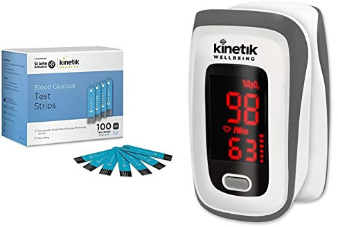 Kinetik Wellbeing Blood Glucose Test Strips (Pack of 100) – Used by The NHS – Test Strips Available on Prescription & Finger Pulse Oximeter – in Association with St John Ambulance