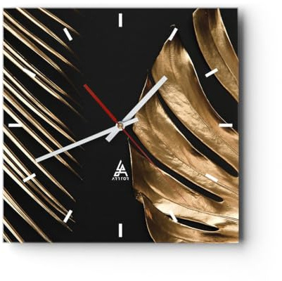 Modern Wanduhr Golden Blatt Monstera 30x30cm Quadrat Klein Wand Uhr Glas Analog Zimmeruhren Küche Büro Wohnzimmer Glasuhr Wall Clock Dekoration Design Wanddekoration Küchenuhr C3AC30x30-5028