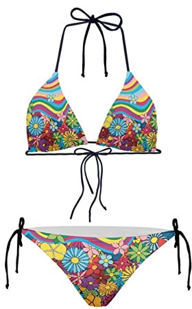JEOCODY Damen-Bikini-Set mit hoher Taille, zweiteilig, Badeanzüge, Triangel-Bikini-Set, Boho, Hippie, Gänseblümchen, S