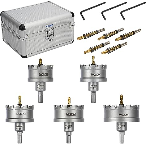 Mollom 5 piezas (54-76 mm) TCT Carbide Hole Saw Kit para metal duro, que incluye 5 cortadores de agujeros grandes con 5 brocas piloto adicionales y 3 llaves hexagonales.