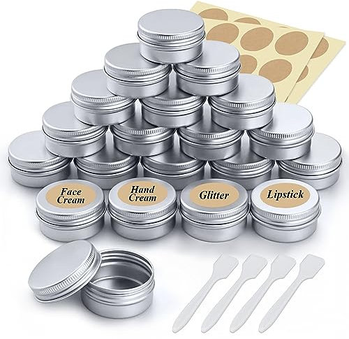 20 Piezas Tarros de Aluminio 20ml, Plata Tarros de Aluminio Vacíos Redondo, Recipiente para Muestras, Vacíos Latas de Aluminio con Espátula y Etiqueta para Bálsamo Labial, Crema.