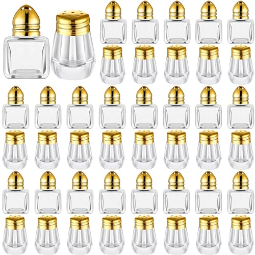 Zopeal 50 Set Mini Salt and Pepper Shakers Small Bulk Clear Individual Seasonings Shakers Tiny Spice Shakers Transparent Seasoning Shakers for Kitchen Wedding Picnic, 2 Styles (Gold Lids)
