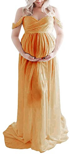 Loalirando Vestido de Embarazo Shooting Foto de Gasa Ligera, Vestido de Maternidad Maxi-Largo Hombro Desnudo para Fotografía, amarillo, L