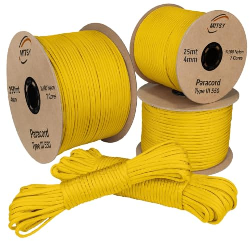 MITSY Paracord 550 Typ III Nylon Schnur 4 mm 25 Meter Gelb | Fallschirmschnur, 7 Kern Seil, Reißfest & Wetterfest, Allzweckseil für Camping, Outdoor & Survival, 10m, 25m, 50m, 100m, 250m