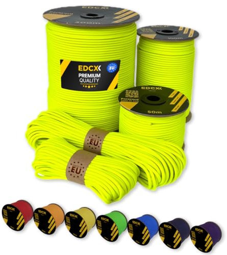 EdcX Paracord 4 mm, 35+ Volltonfarben (10 m, 15 m, 30 m, 50 m, 100 m, 300 m) | Ideal zum Basteln, Camping, Outdoor | 100% Nylonseil 4 mm| Taktische Schnur 550 Typ III (Sofit Yellow, 10 m)