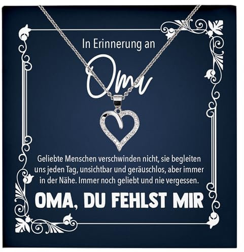 22Feels Kondolenz Geschenk, In Erinnerung an Oma, Trauer Schmuck Set Frauen, Andenken an verstorbene Grossmutter, Muttertag, RIP Beerdigung - Echt Silber 925 Herz Halskette mit Karte