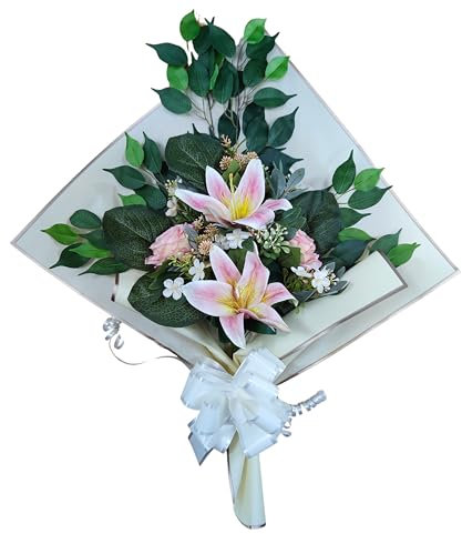 DRW Blumenstrauß für Friedhof, Blumenstrauß, künstliche Blumen, zum Einstecken in das Boot oder auf dem Grabboot, 73 x 63 x 20 cm (Lilium Rosa)