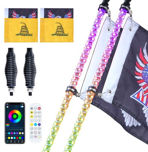 VEVOR Lot de 2 Fouets Lumineux LED de 122 cm avec Base à Ressort, Télécommande APP et RF, Étanche à 360° en Spirale RVB avec 2 Drapeaux, Éclairage pour UTV, VTT, Motos, RZR, Camions, Tout-terrain