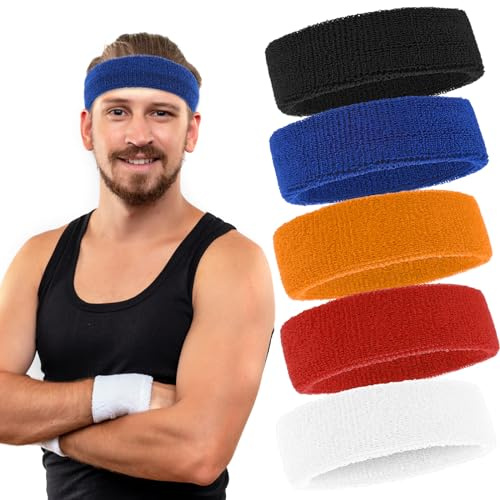 Ymapinc 5 stycken andningsbara pannband för män, svettband för män, svettband för kvinnor, svettabsorberande, hårband, pannband, frottépannband för fotboll, tennis