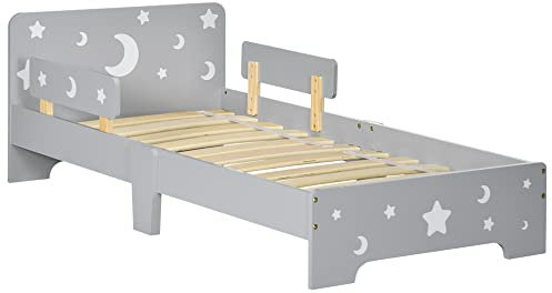 ZONEKIZ Lit pour Enfants, lit au Sol Enfant, de 3 à 6 Ans, 143 x 76 cm, Design étoiles et Lune, sommier à Lattes Inclus, pour Une Chambre d'enfant, Gris