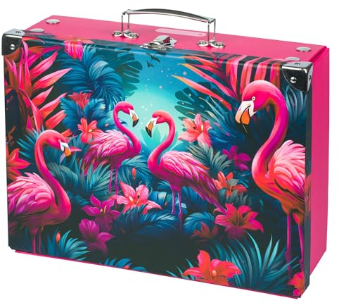 Baagl Kinderkoffer für Spielzeug und Schulbedarf, Pappkoffer, Spielzeugkoffer, Spielkoffer, Faltbarer Kinder Koffer, Faltkoffer, Klappkoffer mit Metalgriff (Flamingos)