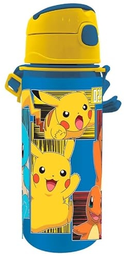 Pokémon Botella Reutilizable, Cantimplora Pikachu Diseño Aluminio Resistente, Botella de Agua para Niños, Botella Viaje con Asa, Capacidad 600 ml