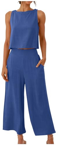 AEGJEGVD 2 Teiler Hosenanzug Damen Elegant Zweiteiler Outfit Einfarbig 2024 Sommer Ärmelloses Tank Top und Hose Trainingsanzug Baumwolle Leinen Freizeitanzug mit Taschen Sportanzug Leicht Loungewear