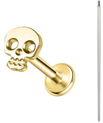 BodyAce Gold ASTM F136 Titan Lippenpiercing, 16G Flat Piercings Ohr Mit Piercing Taper, Innengewinde labret ringe Tragus Piercing Stecker für Frauen Männer [Gold Totenkopf]