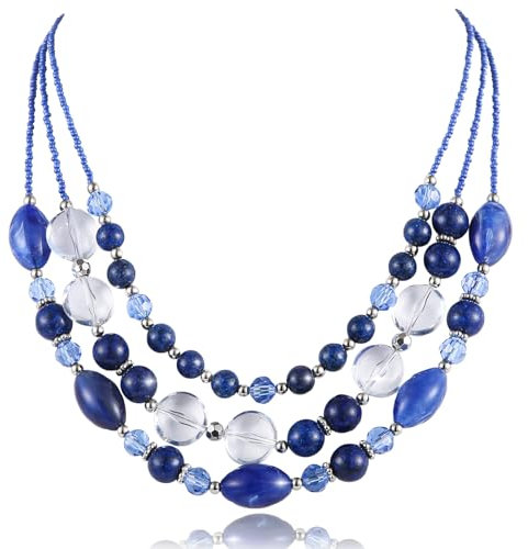 FULU AUTUMN Perlen Statement Kette Damen Silber Mehrreihig Perlenkette Chunky Bunt Modeschmuck Valentinstagsgeschenk für Sie(Sapphire)