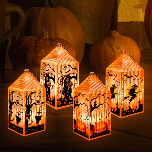 GAROMIA 4 Stück Halloween Deko Kerzenlaterne Halloween Laterne mit LED Kerze Kerzenlaterne Laterne Kerzen Halloween Deko Innen Outdoor Kürbislaterne zum Aufhängen Herbst für Halloween