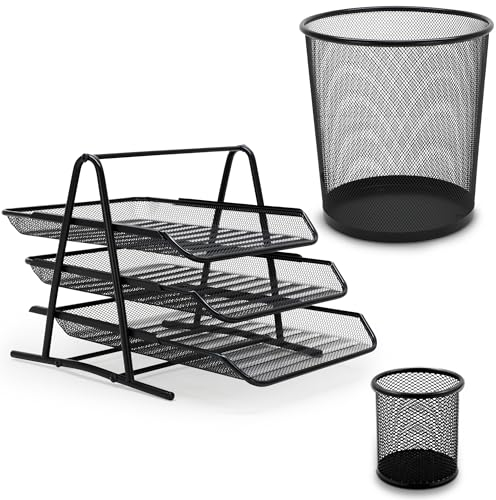 Waytex Ensemble Accessoires de bureau 3 pièces Métal Maille Mesh, Corbeille à Papier, Trieur 3 corbeilles coulissantes, Pot à Crayons