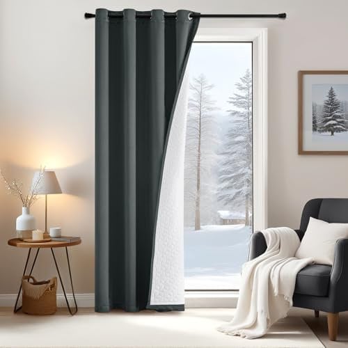EMEMA Thermovorhang Kälteschutz Vorhänge Grau Thermogardine Doppellagige Kälteschutzvorhang Winter 1 Verdunklungsvorhang Stück Vorhang Hängend Raumteiler Türvorhang den Wind 175x132cm