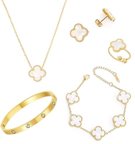 QUANMAITONG Vierblättriges Kleeblatt Armband,18k Kleeblatt Kette Ohrringe Für Damen Und Mädchen,Clean Girl Stuff Vierblättriges Glücksklee Schmuckset Geschenke Für Frauen