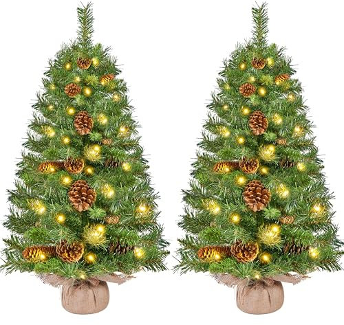Yaheetech 2Pcs Pre-lit Artificial Mini Christmas Tree, 3ft/92cm Tabletop Small Christmas Tree w/20 Pinecones, 50 Warm White LED Lights, Battery-Operated for Home Party Decor, Green