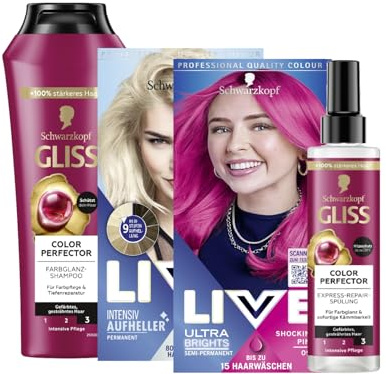Schwarzkopf LIVE Ultra Brights Semi-Permanent STARTER-SET mit Farbe 093 Shocking Pink (142ml) & Aufheller Max Blonde 00B (142ml) Blondierung & GLISS Shampoo & Express-Repair-Spülung Colour Perfector