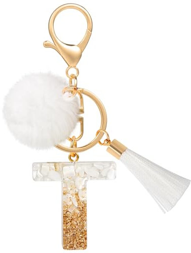 MWOOT Porte Clé Lettre T Peluche Tassel, Initial Résine Personnalisé Keychain Or Blanc, Porte Clef Lettre Pendentif Décoratif, Kawaii Porte Clef Voiture Charm, Idee Cadeau D'Anniversaire pour Femme