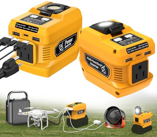 220W Power Inverter for Dewalt 20V Battery, DC 20V to AC 110V Portable Power Station Generator with 1 AC Outlet, 2 USB Ports and 1 Type-C Fast Charging, LED Work Light