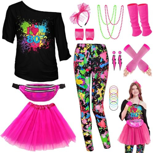 WILDPARTY 80s Fancy Dress For Women, I Love 80s T-shirt, Tutu Skirt, Leggings, Leg Warmers, Necklace, Fishnet Gloves, Neon Costumes Accessories for Retro Theme Party Cosplay