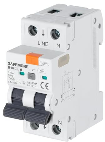 FI/LS-Schalter 16A, SAFEMORE FI-Schutzschalter 2polig, B16/0,03 6kA 1P+N Typ A 30mA