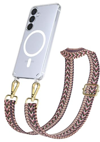 EAZY CASE Handykette - Verstellbares Taschenband kompatibel mit Galaxy S25, Schulterriemen, Handykordel mit Silikon Hülle, Qi Charging kompatibel, Umhängetasche, Beere Pink Gold