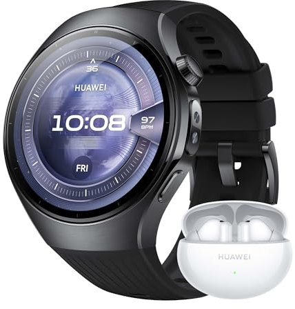HUAWEI Watch 5, 46mm Smartwatches, + FreeBuds 6i Blanco, Multi-Sensor Revolucionario X-Tap, SpO2 con la Yema del Dedo, Health Glance, ECG, HRV, eSIM, Negro