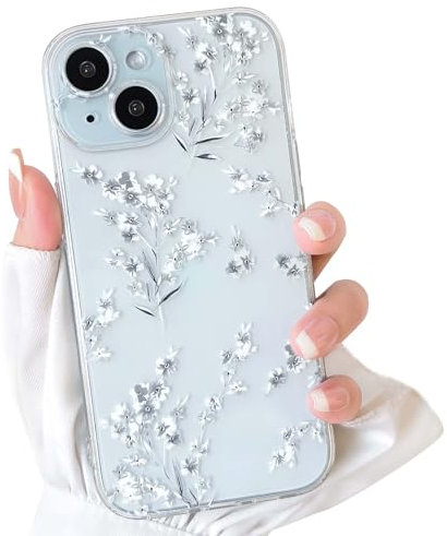 NITITOP Kompatibel mit iPhone 15 Hülle Süße Durchsichtig Klares Blume Muster für Frauen Mädchen mit Niedliche Blumenzweig-Design Weiche TPU Stoßfeste Dünne TPU Handyhülle - Weiß