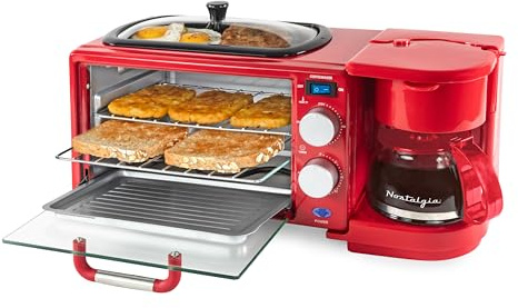 Nostalgia 3-in-1 Retro Breakfast Station - Includes 5 Cup Coffee Maker, Non-Stick Ceramic Griddle, and 4-Slice Toaster Oven - Built-In Timer, Reusable Coffee Filter, Space-Saving Design - Red