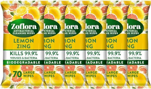 Zoflora Lemon Zing Large Biodegradeable Wipes, Antibacterial Cleaning, 6 x 70 Wipes Pack, Multi-Surface Disinfectant, Removes Odours & Kills 99.9% of Bacteria & Viruses