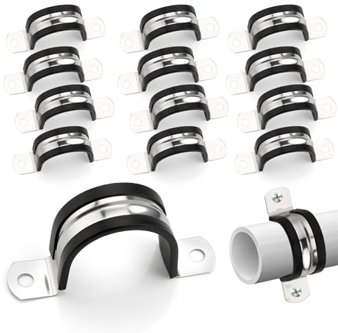 qjuwhua 15 PCS Pipe Clamp Ø 38mm 304 Stainless Steel Saddle Clips with Rubber Two Hole Tube Pipe Strap Clamps U Shape Brackets for Fixing Installing Pipe Wire Cord Cables