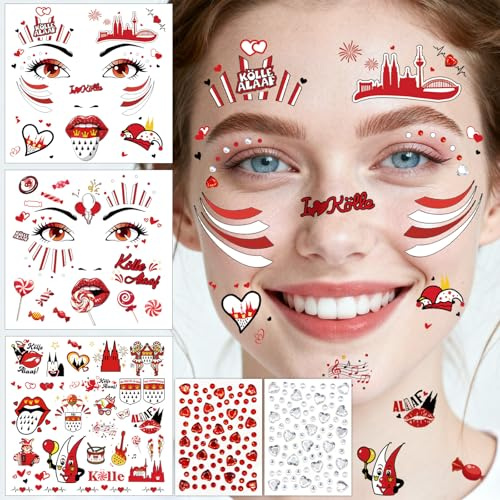6 Blatt Gesichtstattoo Karneval Kölner Kostüm Damen Herren Glitzer Gesicht Aufkleber, Klebetattoos Kölle Alaaf Rot Weiss Glitzersteine Tattoos, Karnevalskostüm Erwachsene Fasching Schminke Accessoires