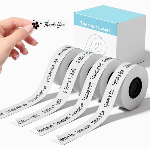 4 Rollen Kompatibel mit SUPVAN E10 E11 Label Maker,Transparent | 15mm × 6m Kontinuierliche laminierte Thermal Label Tape Refill,Nicht in der Katasymbol App, bitte SUPRINT App verwenden
