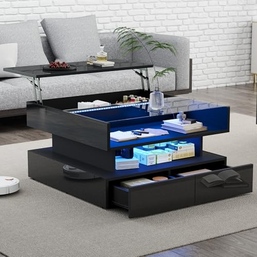 OKMYHOME Table Basse Relevable LED - Table Basse Moderne avec Tiroirs et Rangement Caché - 80x80x45 cm - Noir