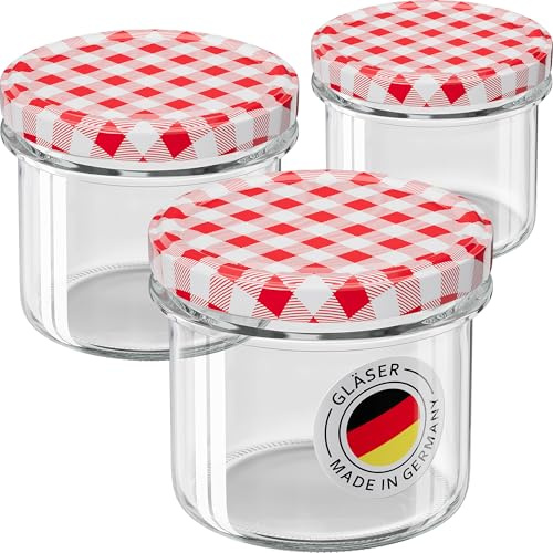 WELLGRO 100x Einmachgläser 235ml – Schraubdeckel TO82 rot kariert – Made in Germany – Vorratsgläser, Marmeladengläser, Aufbewahrungsgläser & Gärgläser