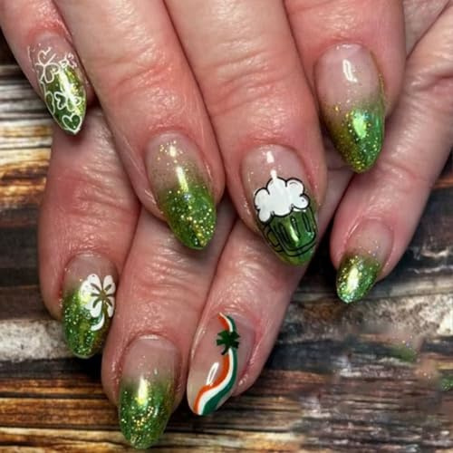 Lot de 24 faux ongles avec finition verte étincelante et motif trèfle arc-en-ciel pour fête offrant une application facile et styles de trèfles pour fête offrant une application et des styles faciles