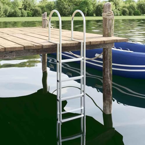 QUAHEAS Scala a 5 gradini in alluminio, argento, 45 × 11,5 × 190 cm, antiscivolo e leggera, versatile per barca, ponte, piscina, yacht, barca a motore, barca a vela, pontone
